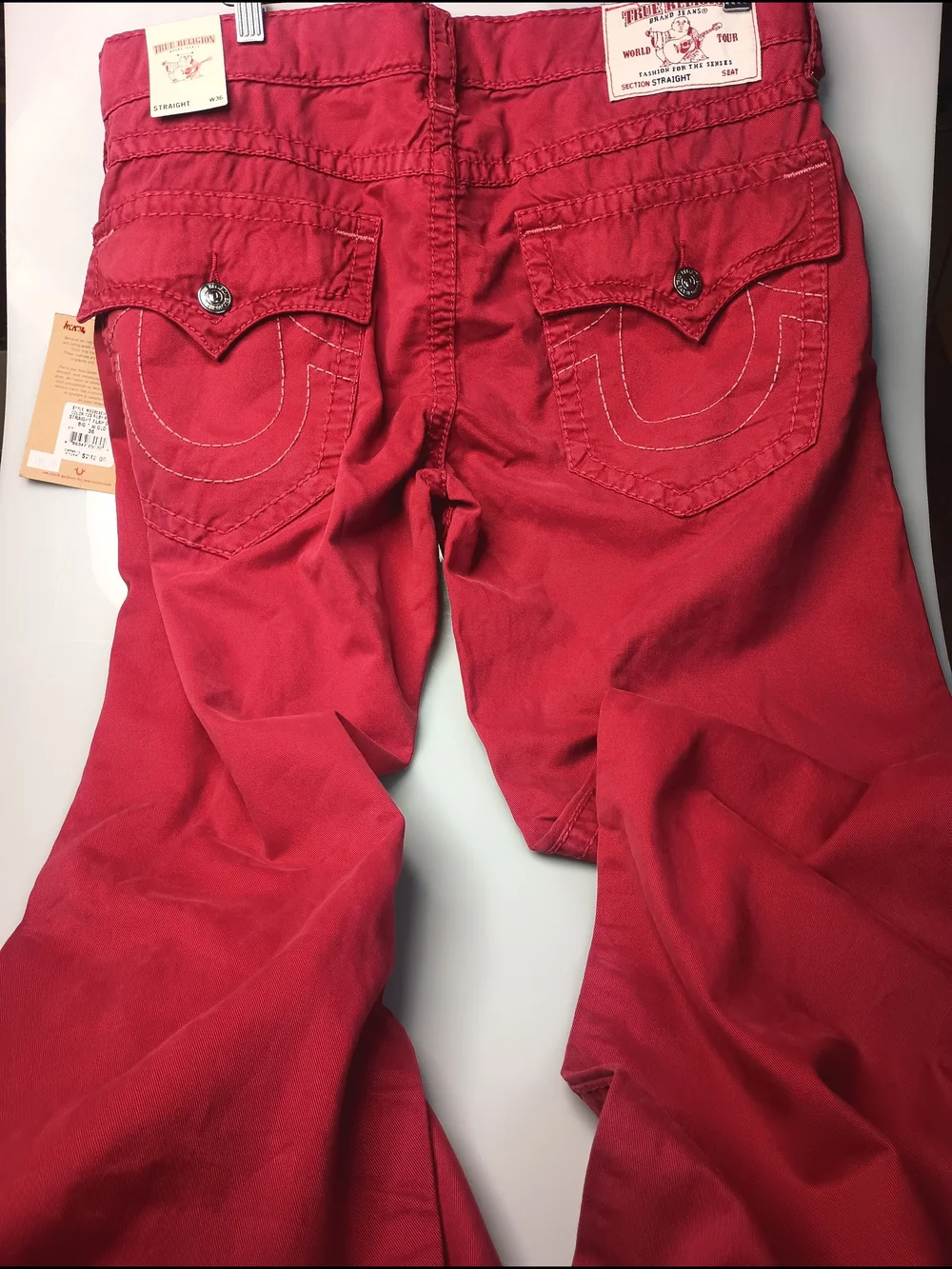 True Religion Straight Flap DTM Big T W GLD Ruby Red Size 36